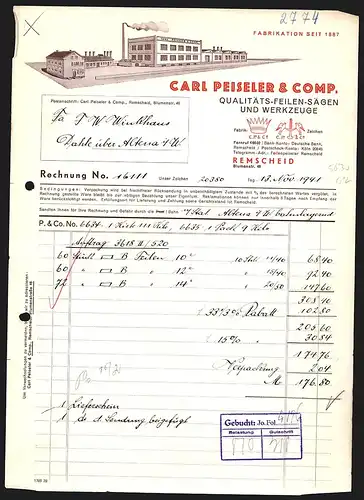 Rechnung Remscheid 1941, Carl Peiseler & Comp., Qualitäts-Feilen, -Sägen und -Werkzeuge, Modell der Fabrikanlage