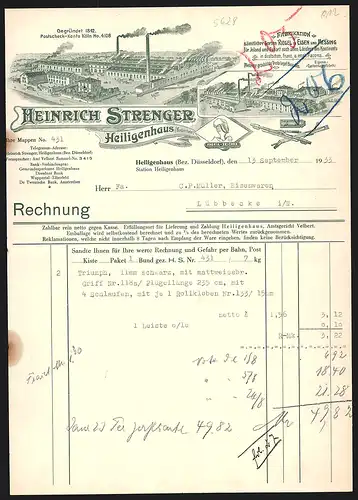 Rechnung Heiligenhaus /Düsseldorf 1933, Heinrich Strenger, Fabrik für sämtliche Riegel in Eisen und Messing, Werkansicht