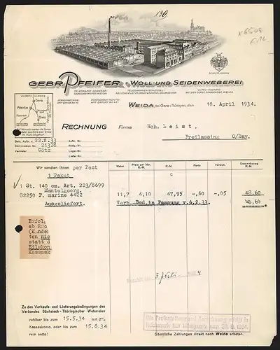 Rechnung Weida bei Gera 1934, Gebr. Pfeifer, Woll- und Seidenweberei, Fabrikgelände am Fluss