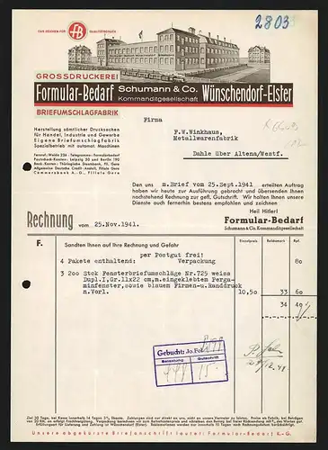 Rechnung Wünschendorf-Elster 1941, Formular-Bedarf Schumann & Co., Grossdruckerein & Briefumschlagfabrik, Werkansicht
