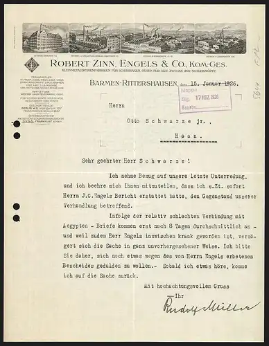 Rechnung Barmen-Rittershausen 1926, Robert Zinn, Engels & Co. KG, Kleinmetallwarenfabrik, Vier Betriebsansichten