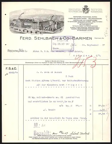Rechnung Barmen 1927, Ferd. Sehlbach & Co., Fabrik für allerlei Papiere und Pappen, Reger Strassenverkehr an der Fabrik
