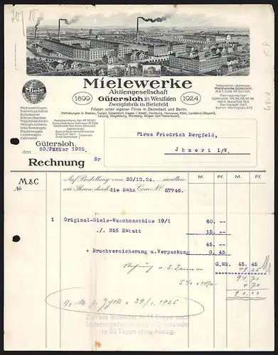 Rechnung Gütersloh 1925, Mielewerke AG, Fabrik für allerlei Maschinen und Geräte, Gesamtansicht des Fabrikareals