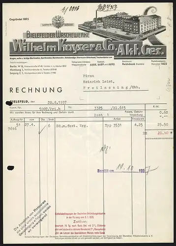 Rechnung Bielefeld 1937, Wilhelm Kayser & Co. AG, Bielefelder Wäschewerke, Wappen und Fabrikansicht
