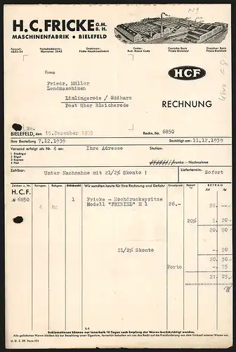 Rechnung Bielefeld 1939, H. C. Fricke GmbH, Maschinenfabrik, Fabrikgelände aus der Vogelschau