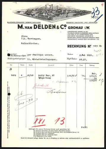 Rechnung Gronau i. W. 1935, M. van Delden, Baumwollfabrik und Färberei-Druckerei, Gesamtansicht des Fabrikareals