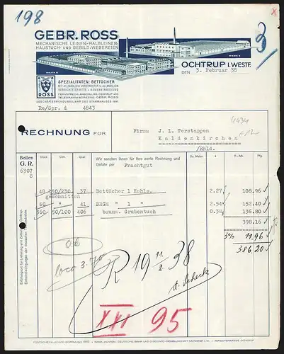 Rechnung Ochtrup i. Westf. 1938, Gebr. Ross, Mechanische Leinen-, Halbleinen-, Haustuch- & Gebild-Webereien, Werkansicht