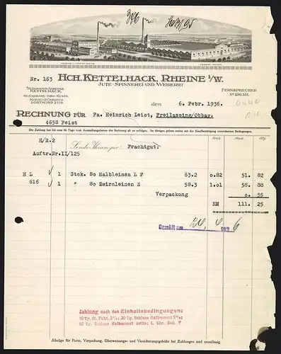 Rechnung Rheine i. W. 1936, Hch. Kettelhack, Jute-Spinnerei und Weberei, Gesamtansicht der Fabrikanlage