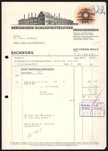 Rechnung Solingen-Wald 1940, Fritz Gauterin, Bergisches Schleifmittelwerk, Logo und Fabrikanlage