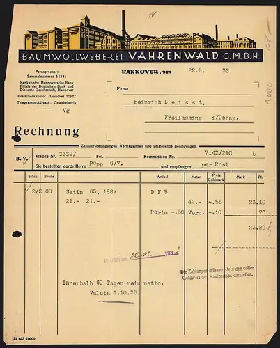 Rechnung Hannover 1933, Vahrenwald GmbH, Baumwollweberei, Ansicht des Fabrikgeländes