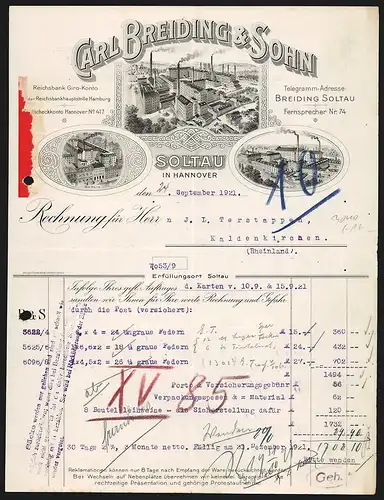 Rechnung Soltau in Hannover 1921, Firma Carl Breiding & Sohn, Fabrikanlagen in Soltau, Prag und Berlin