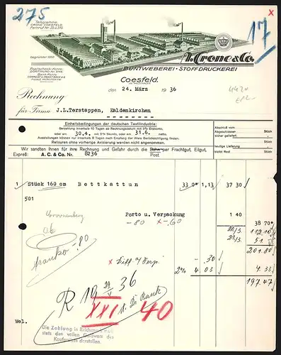 Rechnung Coesfeld 1936, A. Crone & Co., Buntweberei, Stoffdruckerei, Totalmodell der Fabrikanlage