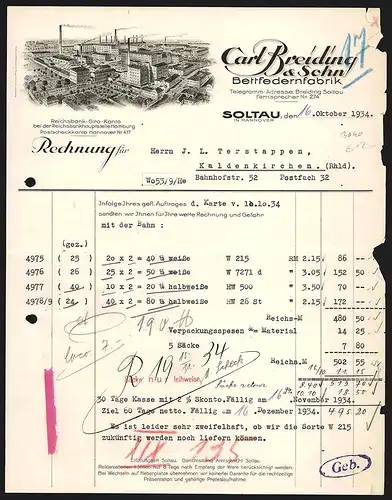 Rechnung Soltau in Hannover 1934, Carl Breiding & Sohn, Bettfedernfabrik, Das Fabrikgelände mit Transportzug