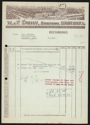 Rechnung Stadtlohn i. W. 1934, H. & F. Spahn, Stuhlfabrik, Transportzug vor dem Fabrikgelände