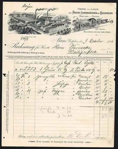 Rechnung Ahaus i. Westfalen 1896, Joh. Dües, Fabrik und Lager von Patent-Lederschuhen mit Holzsohlen, Fabrikansicht