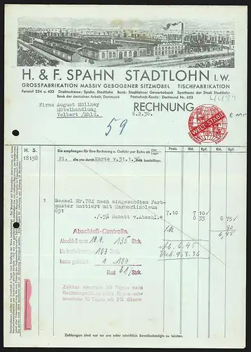 Rechnung Stadtlohn i. W. 1936, H. & F. Spahn, Grossfabrikation massiv gebogener Sitzmöbel, Transportzug vor der Fabrik