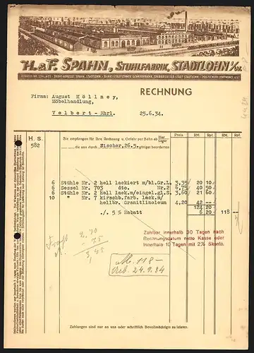 Rechnung Stadtlohn i. W. 1934, H. & F. Spahn, Stuhlfabrik, Transportzug vor dem Werksareal