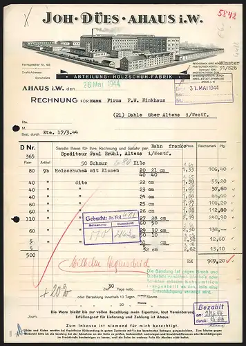 Rechnung Ahaus i. W. 1944, Joh. Dües, Abteilung: Holzschuh-Fabrik, Die Fabrikanlage mit Lagerhallen