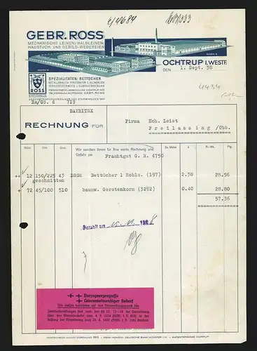 Rechnung Ochtrup i. Westf. 1938, Gebr. Ross, Mechanische Textilweberei, Ansicht von Werk I und Werk II