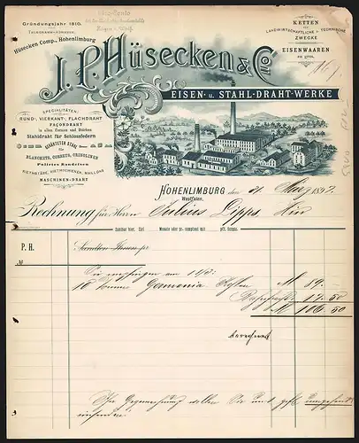 Rechnung Hohenlimburg 1897, J. P. Hüsecken & Co., Eisen- und Stahl-Draht-Werke, Fabrikanlage mit Transportkutschen