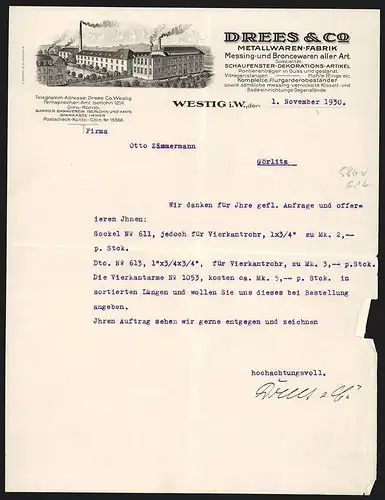 Rechnung Westig i. W. 1930, Drees & Co., Metallwarenfabrik, Werkgelände mit rauchenden Schloten