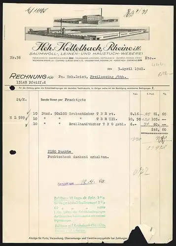 Rechnung Rheine i. W. 1940, Hch. Ketttelhack, Textil-Weberei, Ansicht von Werken in Rhein und Mesum