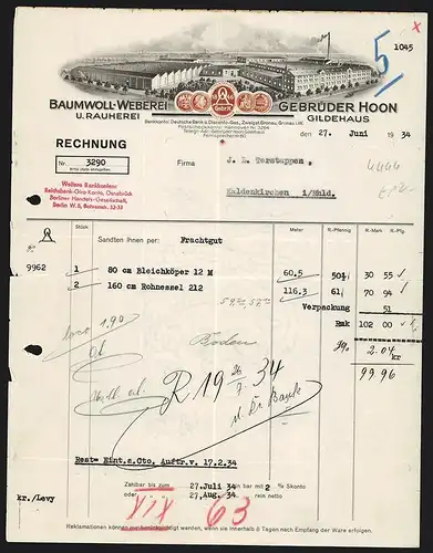 Rechnung Gildehaus 1934, Gebrüder Hoon, Baumwoll-Weberei und -Rauherei, Werksansicht und Auszeichnungen