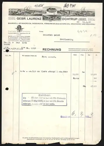 Rechnung Ochtrup i. Westf. 1937, Gebr. Laurenz, Baumwoll-Fabrikation, Ansichten der Werke in Ochtrup und Epe