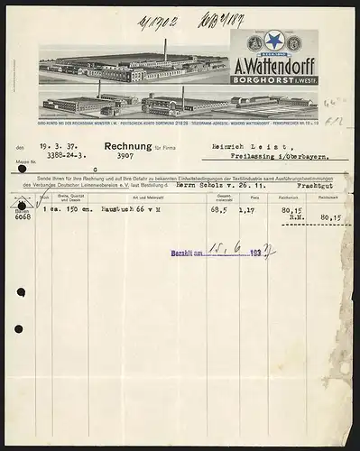 Rechnung Borghorst i. Westf. 1937, Firma A. Wattendorff, Ansichten der verschiedenen Zweigstellen