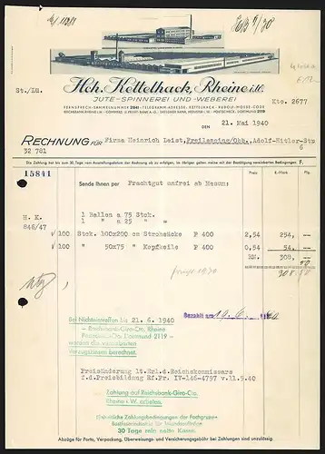 Rechnung Rheine i. W. 1940, Hch. Kettelhack, Jute-Spinnerei und -Weberei, Die Werke in Rheine und Mesum