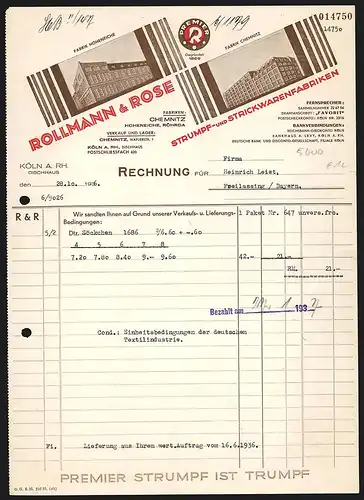 Rechnung Köln a. Rh. 1936, Rollmann & Rose, Strumpf- und Strickwarenfabriken, Werke in Hoheneiche und Chemnitz