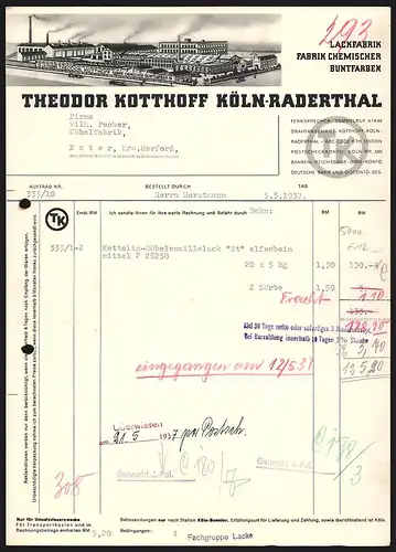 Rechnung Köln-Raderthal 1937, Theodor Kotthoff, Fabrik für Lacke und chemische Buntfarben, Blick auf das Fabrikgelände