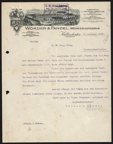 Rechnung Küllenhahn 1927, Wörder & Pandel, Werkzeugfabrik, Blick auf das Werksgelände, Auszeichnung