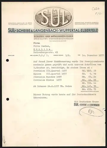 Rechnung Wuppertal-Elberfeld 1937, SUL - Scheibe & Langenbach, Schloss- und Metallwaren-Fabrik, Logo mit Werkansicht