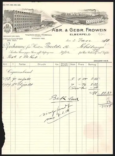 Rechnung Elberfeld 1910, Firma Abr. & Gebr. Frowein, Strassenbahn und Lokomotive am Geschäftsgebäude, Fabrikanlage
