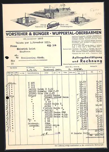 Rechnung Wuppertal-Oberbarmen 1933, Capama - Vorsteher & Bünger, Band- und Flechterzeugnisse, Ansichten dreier Werke