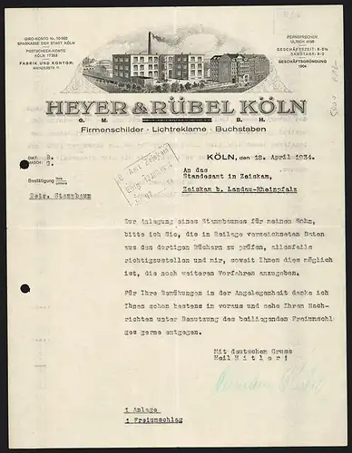 Rechnung Köln 1934, Heyer & Rübel GmbH, Firmenschilder, Lichtreklame, Buchstaben, Fabrikanlage mit rauchendem Schlot