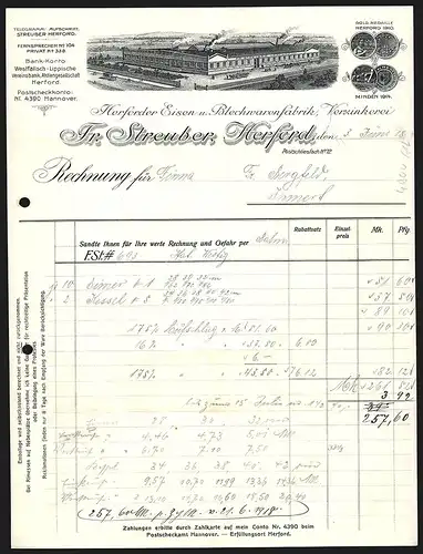 Rechnung Herford 1918, Fr. Streuber, Eisen- und Blechwarenfabrik, Verzinkerei, Fabrikansicht und Auszeichnungen