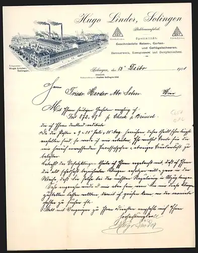Rechnung Solingen 1901, Hugo Linder, Stahlwarenfabrik, Das Fabrikgelände und eine Lokomotive aus der Vogelschau