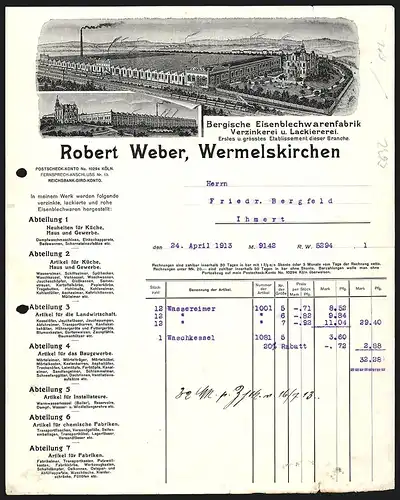 Rechnung Wermelskirchen 1913, Robert Weber, Bergische Eisenblechwarenfabrik, Fabrikgelände und prunkvolles Geschäftshaus