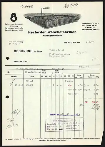 Rechnung Herford 1940, Herforder Wäschefabriken AG, Gesamtansicht der Fabrikanlage