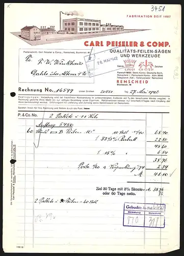 Rechnung Remscheid 1942, Carl Peiseler & Comp., Qualitäts-Feilen, -Sägen, und -Werkzeuge, Modell des Betriebsgeländes