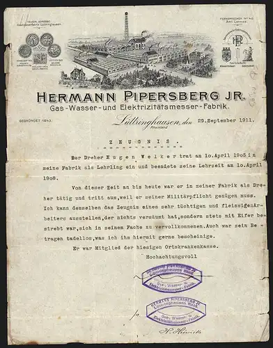 Rechnung Lüttringhausen 1911, Hermann Pipersberg Jr., Gas-, Wasser- & Elektrizitätsmesser-Fabrik, Ansicht des Werkareals