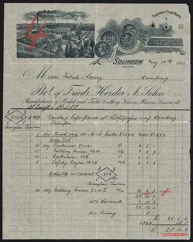 Rechnung Solingen 1903, Friedr. Herder A. Sohn, Manufacturer of Pocket- and Table-Cuttlery, Fabrik und Auszeichnungen