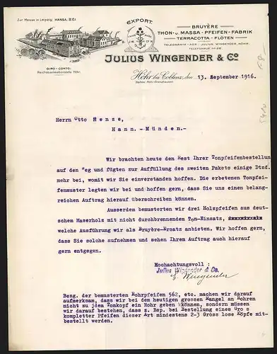Rechnung Höhr bei Coblenz 1916, Julius Wingender & Co., Thon- & Massa-Pfeifen-Fabrik, Werksansicht und Auszeichnungen