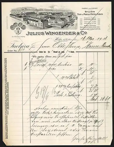 Rechnung Höhr bei Coblenz 1916, Julius Wingender & Co., Bruyère Thon- & Massa-Pfeifen-Fabrik, Werksansicht und Medaillen