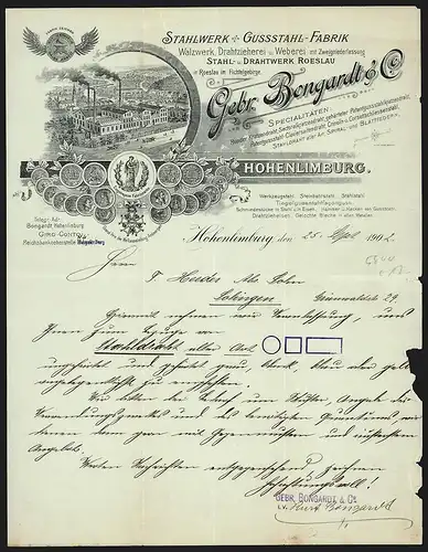 Rechnung Hohenlimburg 1902, Gebr. Bongardt & Co., Stahlwerk & Gussstahl-Fabrik, Ansicht des Betriebs und Medaillen