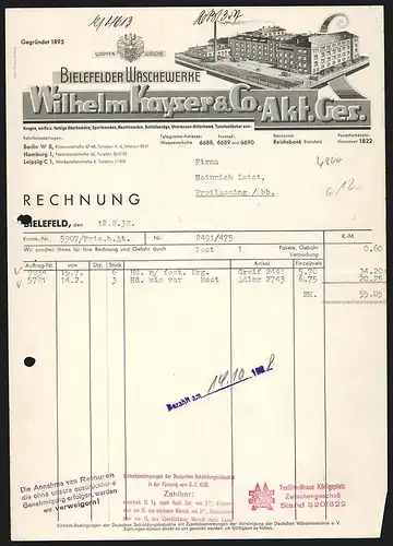 Rechnung Bielefeld 1938, Wilhelm Kayser & Co. AG, Bielefelder Wäschewerke, Wappen und Ansicht des Betriebsgeländes