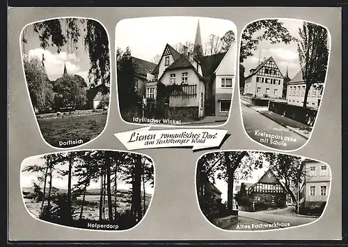 AK Lienen /W., Kreissparkasse mit Schule, Altes Fachwerkhaus, Holperdorp