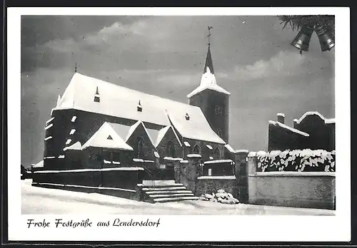 AK Lendersdorf, Kirche im Schnee, Festtagsgruss